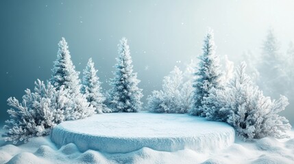 Fototapeta premium Christmas tree with white snowdrift,snowflakes,snow land,podium with bauble,Christmas theme stage podium mock up for product placement,Happy New Year. Celebrate party,Xmas Poster,web banner,festive.