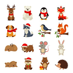 Obraz premium Cute Christmas Animals in Festive Winter Attire Vector Set