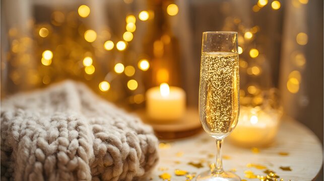 A champagne flute with golden bubbles on a wooden table beside a cozy blanket and festive confetti.