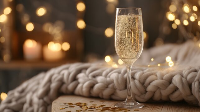 A champagne flute with golden bubbles on a wooden table beside a cozy blanket and festive confetti.