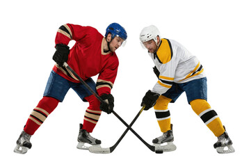 Obraz premium Two Ice Hockey Players Facing Off with Sticks on White Background