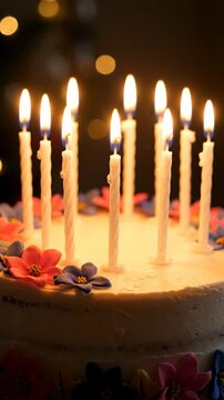 Birthday cake with lit white candles and colorful sugar flowers glowing warmly soft bokeh light and fondant flowers creating warm celebratory glow