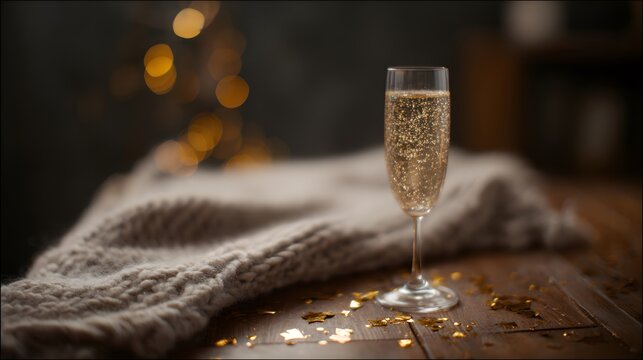 A champagne flute with golden bubbles on a wooden table beside a cozy blanket and festive confetti.