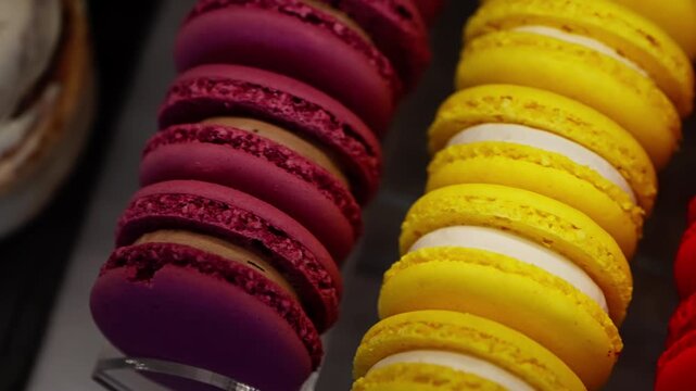 Colorful rows of assorted French macarons in a bakery display in vivid close-up emphasizing delicate textures, shells, and creamy fillings in purple, yellow, red, and mint green