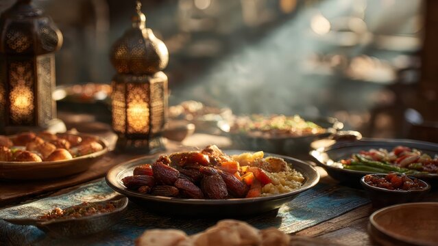 Arabian Feast Traditional Middle Eastern Food, Lanterns, Dining Table