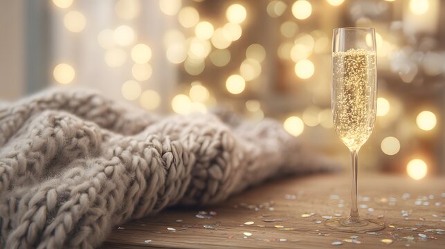 A champagne flute with golden bubbles on a wooden table beside a cozy blanket and festive confetti.