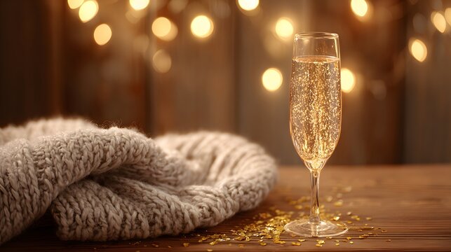 A champagne flute with golden bubbles on a wooden table beside a cozy blanket and festive confetti.