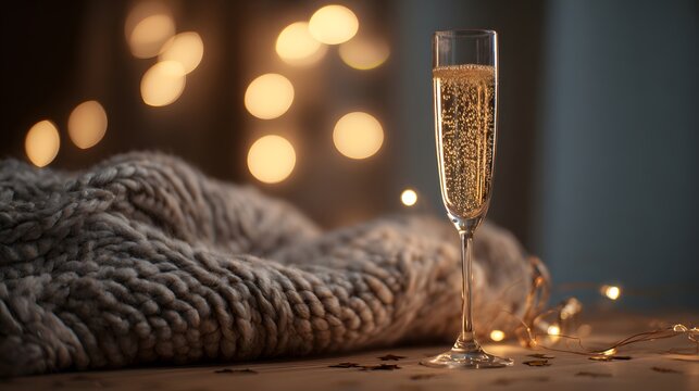 A champagne flute with golden bubbles on a wooden table beside a cozy blanket and festive confetti.