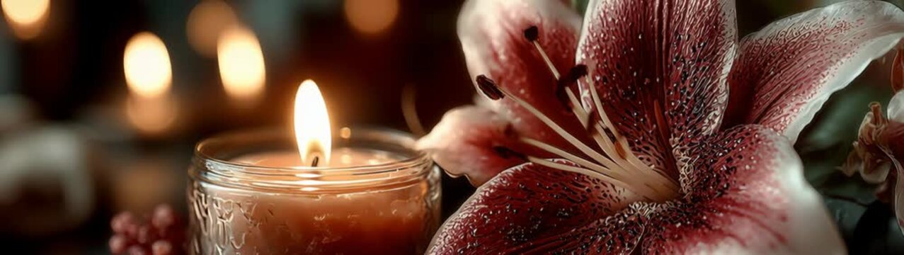 Memorial candle flame illuminating red speckled lily flower with bokeh lights.