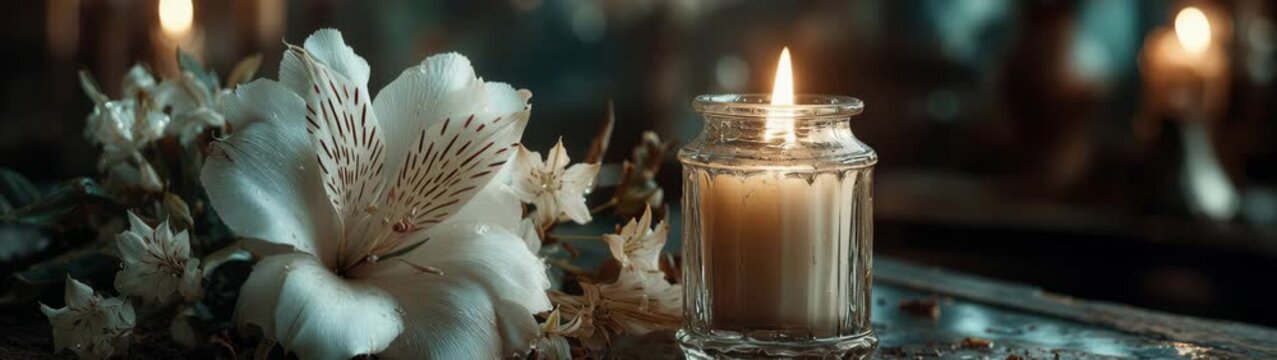 Burning candle in glass jar with white lily flower petals and bokeh background.