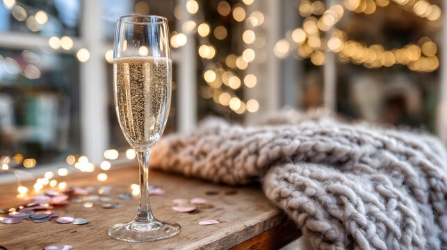 A champagne flute with golden bubbles on a wooden table beside a cozy blanket and festive confetti.
