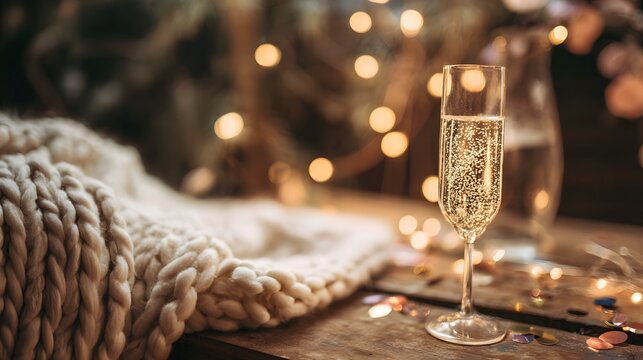A champagne flute with golden bubbles on a wooden table beside a cozy blanket and festive confetti.