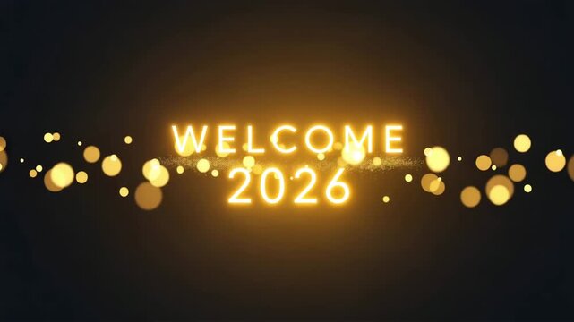 Golden welcome message for the year 2026 with bokeh lights on black background