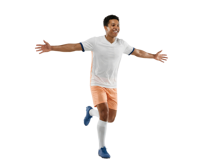 Joyful young male soccer player celebrating a goal with outstretched arms, isolated on white background