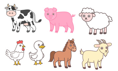Set of cute funny domestic farm animals isolated on white background.Cow, bull, pig, sheep, chicken, goose, hen, rooster,  duck, horse and goat.Sign, symbol, icon and logo.Cartoon vector illustration.