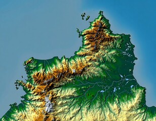 Topographic depiction of a coastal region with mountains, valleys, and detailed terrain