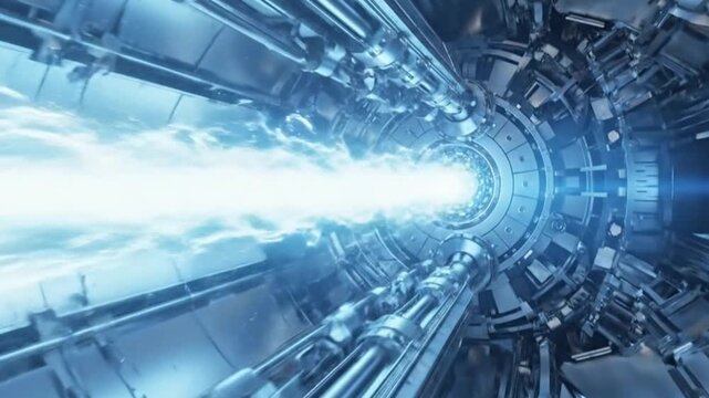 High-energy blue plasma beam illuminates the intricate interior of a futuristic particle accelerator