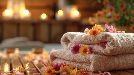 Rolled towels with colorful flowers and soft candlelight in a peaceful spa environment designed for relaxation and tranquility.