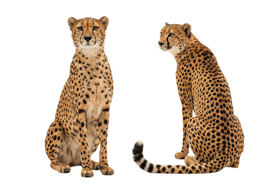 Two sitting cheetahs isolated on white background, front and back view
