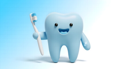 Adorable 3D rendered cartoon tooth character joyfully holds a toothbrush, symbolizing good oral hygiene, dental health, and the importance of daily brushing for a bright, happy smile