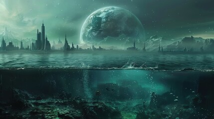 An eerie green futuristic skyline above water with an alien planet in the sky and submerged structures below the ocean surface.