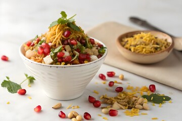 Elegant bowl of bhel puri with colorful crispy ingredients arranged beautifully against a clean minimal backdrop - AI Generated