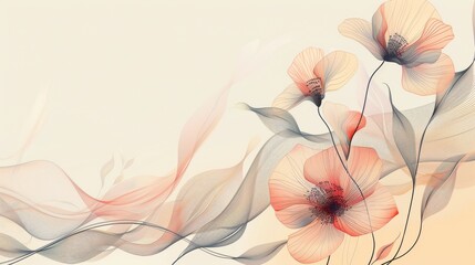 Delicate flowers and leaves drawn in transparent flowing lines create a soft, abstract floral illustration with a calm atmosphere.