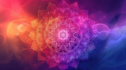 A bright, detailed mandala radiates spiritual and meditative energy with vivid purple, pink, and orange abstract swirls in background.