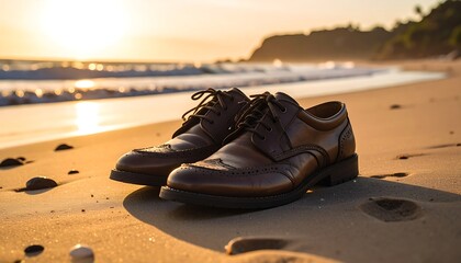 Fototapeta premium A pair of leather dress shoes sit on a sandy beach with a sunset in the background