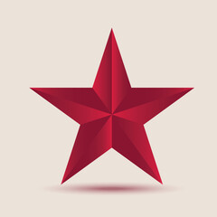 Vibrant, three-dimensional red five-pointed star with a geometric design. For logos, badges, patriotic themes, awards, decorative design elements. Vector illustration, drop shadow, gradient effect