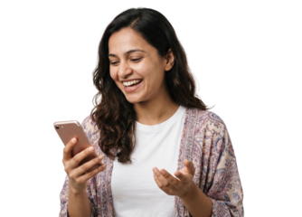 Happy young woman smiling while using smartphone on white background