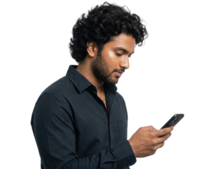 Young Indian Man Using Smartphone on White Background