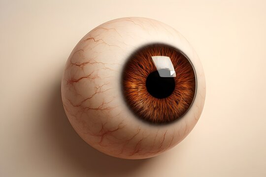 Close up of a realistic human eyeball with a rich brown iris and a black pupil, showing intricate details of blood vessels on the sclera against a soft, neutral background