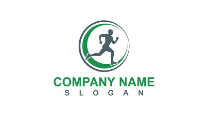 Green and grey logo with running man silhouette in circle for sports or fitness company with company name and slogan on white background
