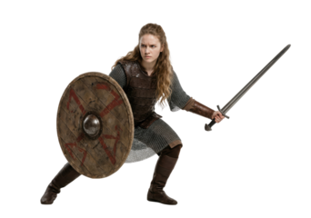 Female Viking warrior with sword and round shield isolated on white