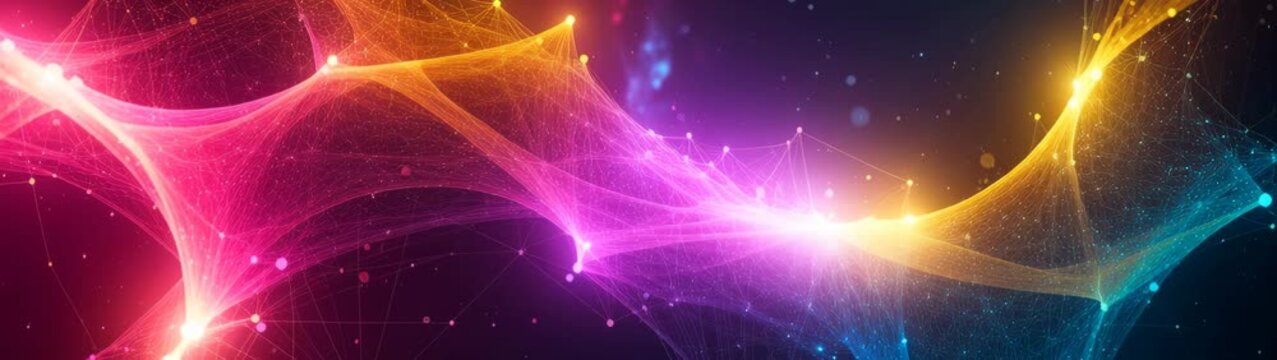 Abstract network waves with glowing nodes creating vibrant digital connection.