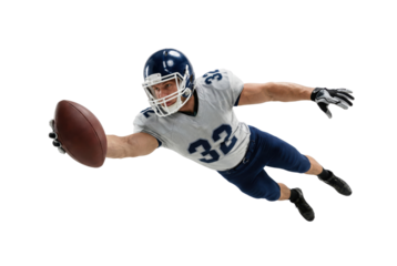 American football player diving to catch ball isolated on white background