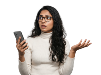 Confused woman holding smartphone isolated on white background