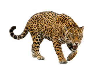 Angry jaguar walking forward isolated on white background