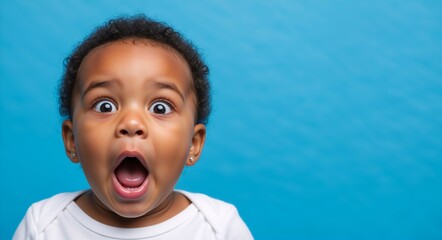 African American baby with curly hair, expressing surprise and joy, wide-eyed and mouth open, against a bright blue background, capturing a moment of pure emotion and innocence