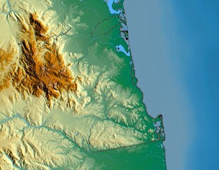 Topographic map depicts terrain featuring mountains, rivers, lakes, and coastal regions