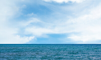 Obraz premium Sea ocean texture blue water nature with blue sky background, abstract shore clean calm natural summer for tourism travel in holidays, island deep surface.