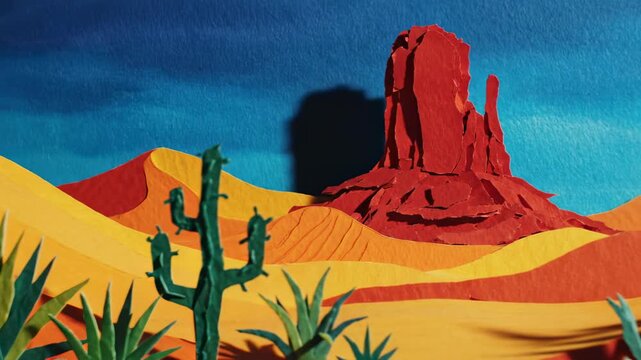 Detailed close up slow motion view of stylized jagged paper cutout desert vegetation set against contrasting bold sand dunes and a deep red monolithic rock vivid colors, vibrating, isolated