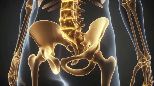 Ultra-pristine anatomical visualization of the human pelvic framework with precise symmetry and clean contours, creating a cinematic medical visual for orthopedic and musculoskeletal health.