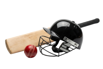 Cricket bat ball and black helmet isolated on white background