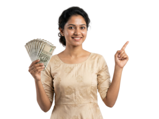 Smiling young woman holding dollar bills and pointing up on white background