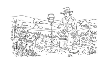 High-Quality Black Continuous Line Art of Environmental Scientist Collecting Soil Samples in Natural Landscape