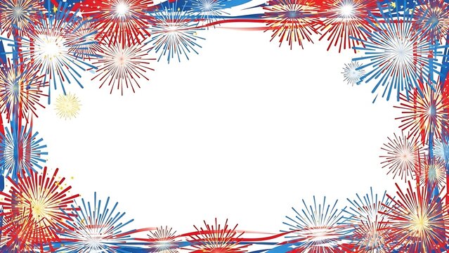 Patriotic red white and blue fireworks frame on white background - Festive celebration border with copy space for 4th of July
