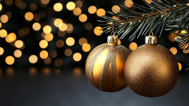 Golden ornaments hang on a Christmas tree branch with blurred lights in the background during the holiday season