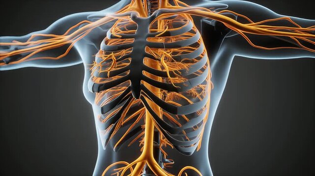 3D medical animation of the human vascular system highlighting arteries and veins in the chest and arms, ideal for anatomy, healthcare, and science education.
